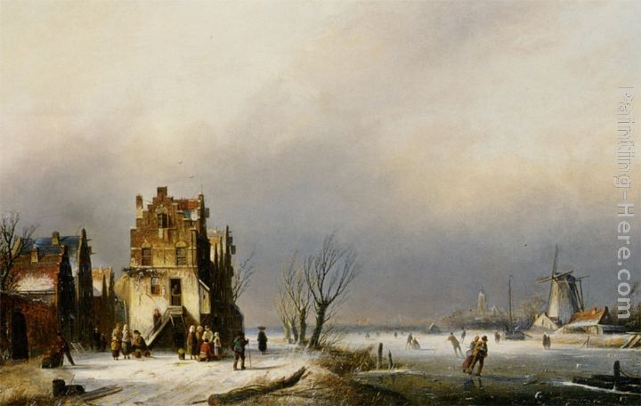 Jan Jacob Coenraad Spohler A Winter Landscape with Skaters near a Village
